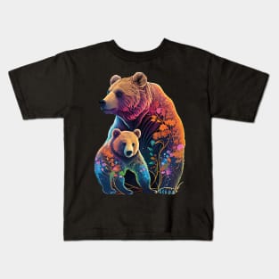 Nature's Love: Mother and Baby Bear with Floral Watercolor Design Kids T-Shirt